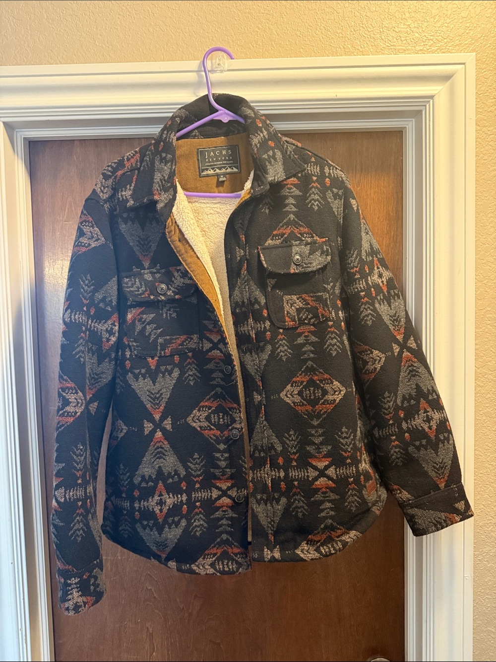 Jachs Men's Black Patterned Sherpa Shirt Jacket with Rust Accents